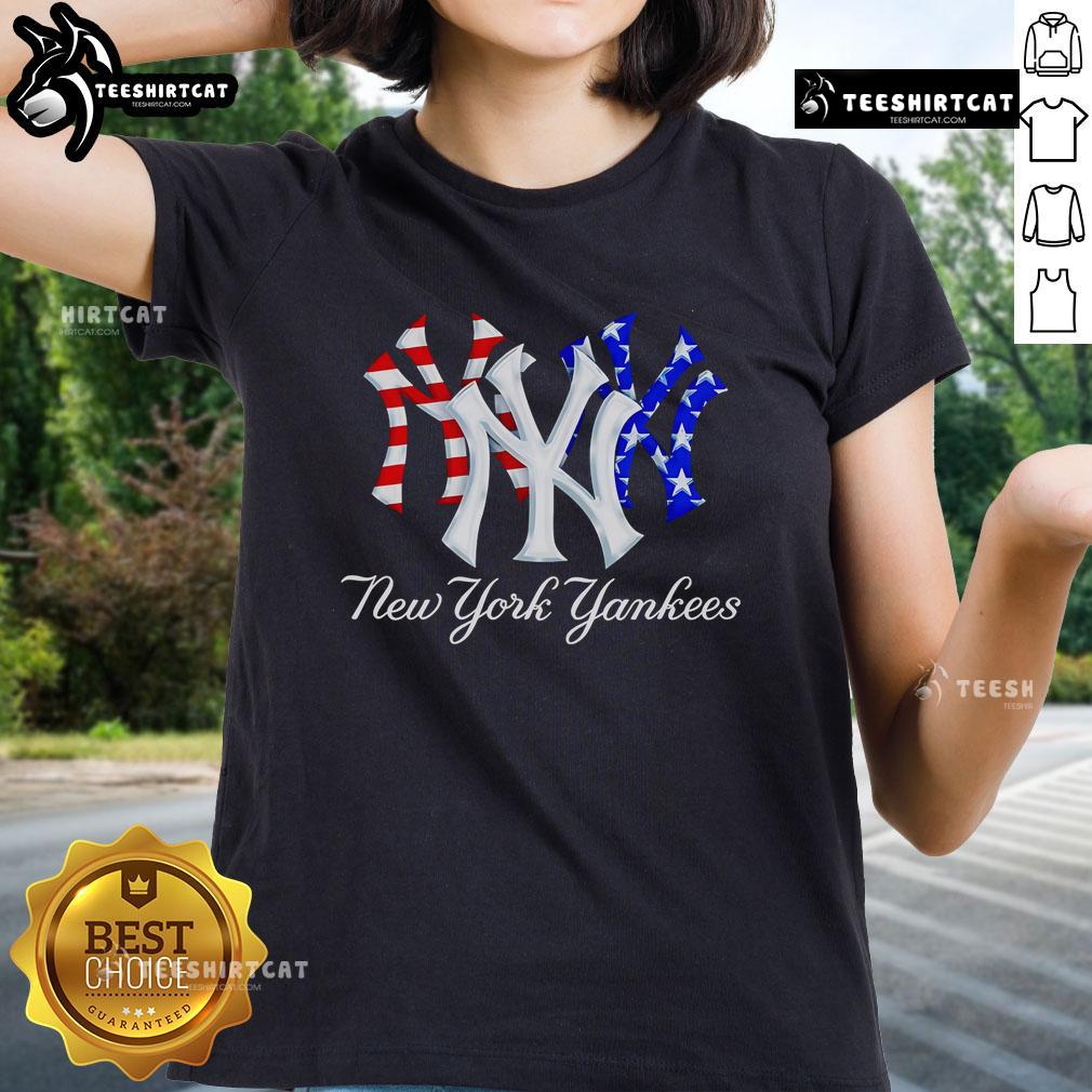 Official New York Yankees red, white, and blue ladies tee featuring team logo and stylish design for fans.