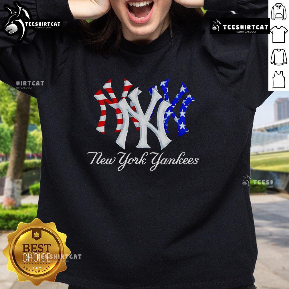 Alt Text: Official New York Yankees red, white, and blue sweatshirt featuring logo, perfect for fans and casual wear.