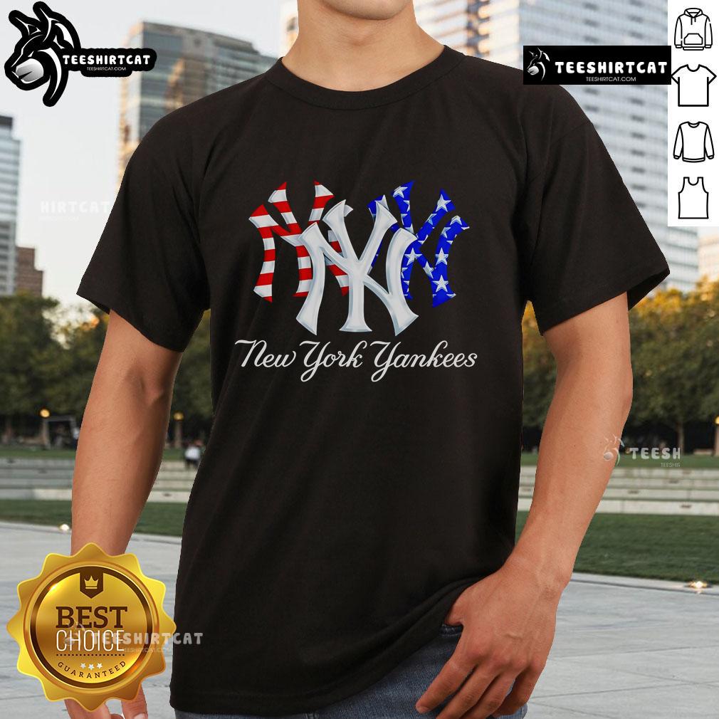Alt Text: Official New York Yankees red, white, and blue T-shirt featuring the team's logo, perfect for fans and casual wear.