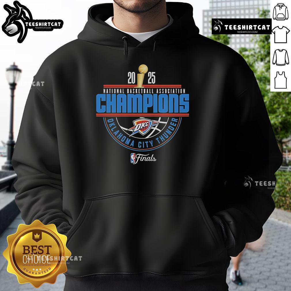 Official OKC Thunder 2025 NBA Champions Arch Hoodie in vibrant blue, featuring team logo and championship graphics.