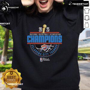 Official OKC Thunder 2025 NBA Champions Arch Sweatshirt in blue, featuring team logo and championship graphics.
