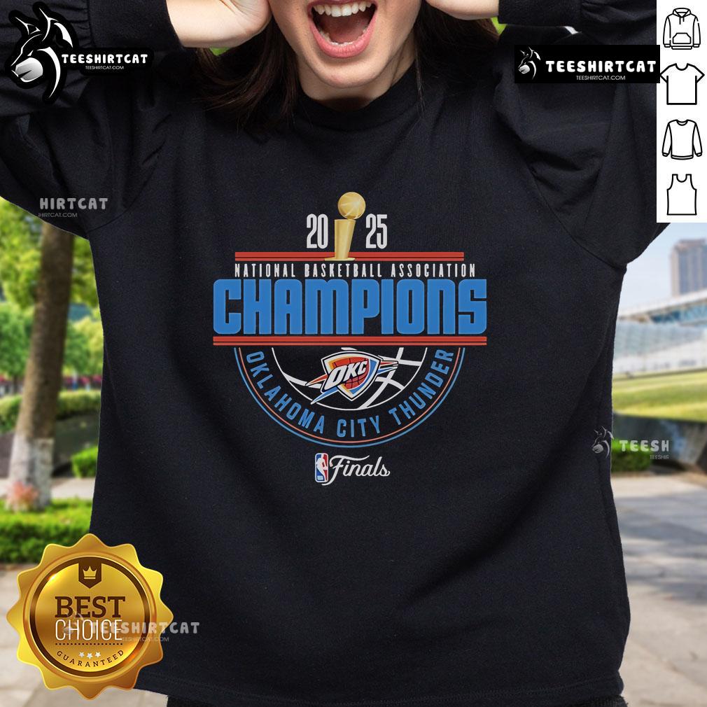 Official OKC Thunder 2025 NBA Champions Arch Sweatshirt in blue, featuring team logo and championship graphics.