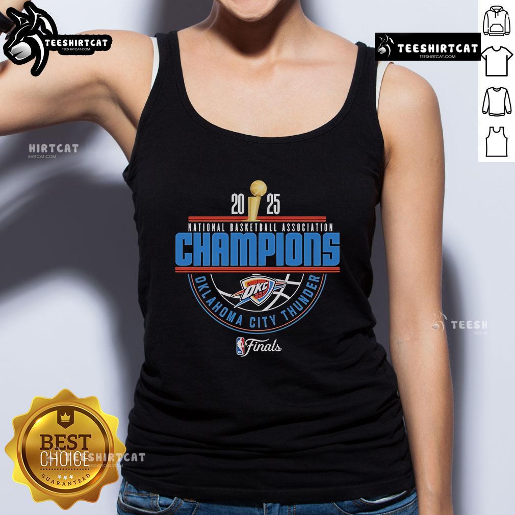 Official OKC Thunder 2025 NBA Champions Arch Tank Top featuring vibrant team colors and logo for fans.