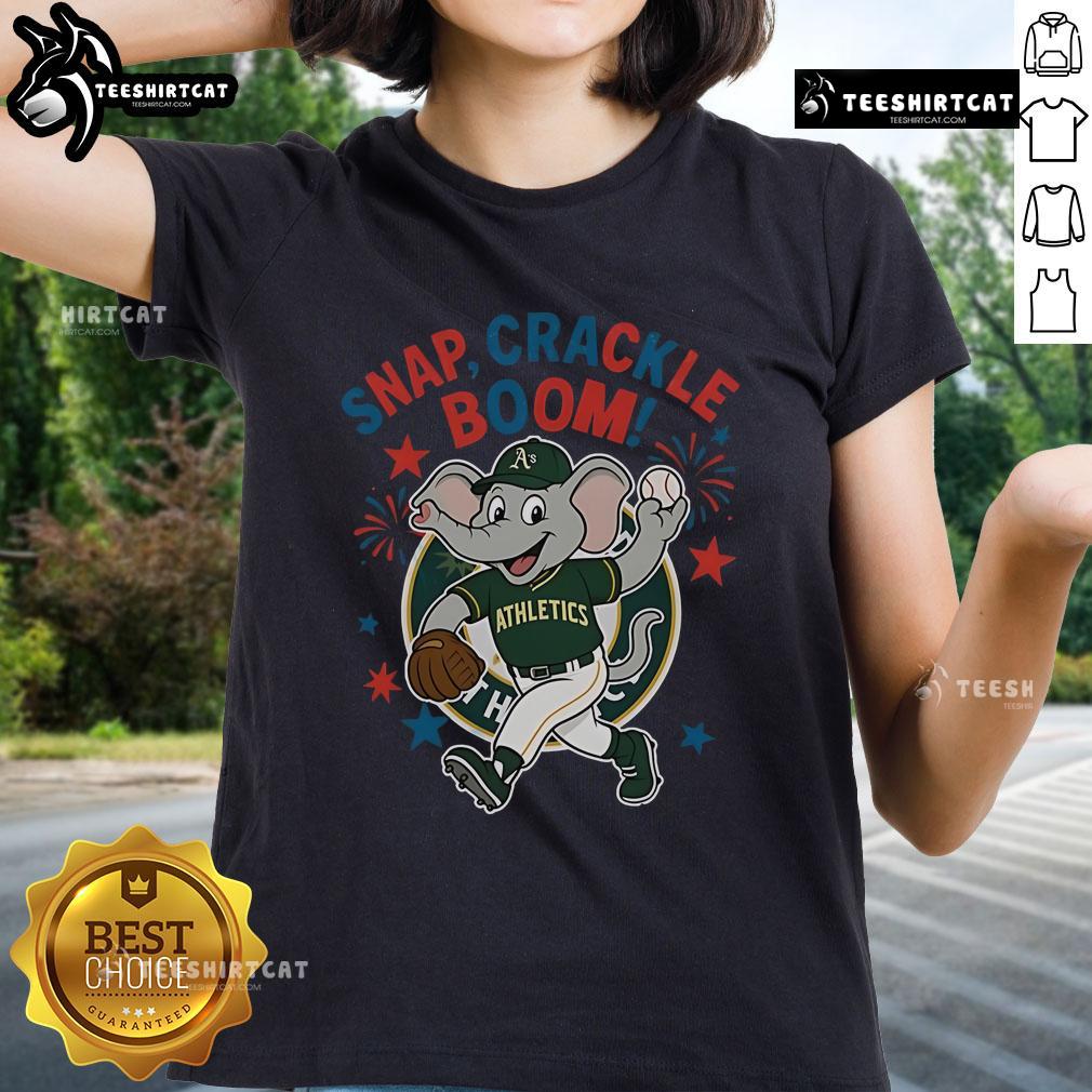 Official Oakland Athletics Snap Crackle Boom Independence Day Ladies Tee showcasing team pride and festive spirit.