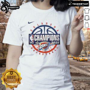 Alt Text: Official Oklahoma City Thunder Men's Basketball 2025 NBA Champions Ladies Tee featuring team logo and vibrant design.