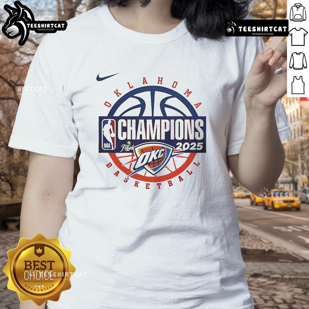 Alt Text: Official Oklahoma City Thunder Men's Basketball 2025 NBA Champions Ladies Tee featuring team logo and vibrant design.
