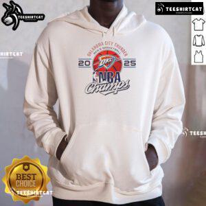 Official Oklahoma City Thunder men's basketball 2025 NBA Champs logo hoodie in vibrant blue with team colors and design.