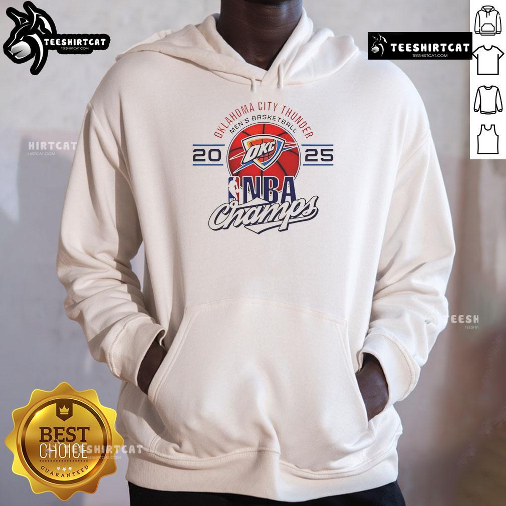 Official Oklahoma City Thunder men's basketball 2025 NBA Champs logo hoodie in vibrant blue with team colors and design.