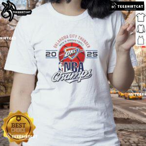 2025 NBA Champs logo on a ladies tee featuring the official Oklahoma City Thunder men's basketball design.