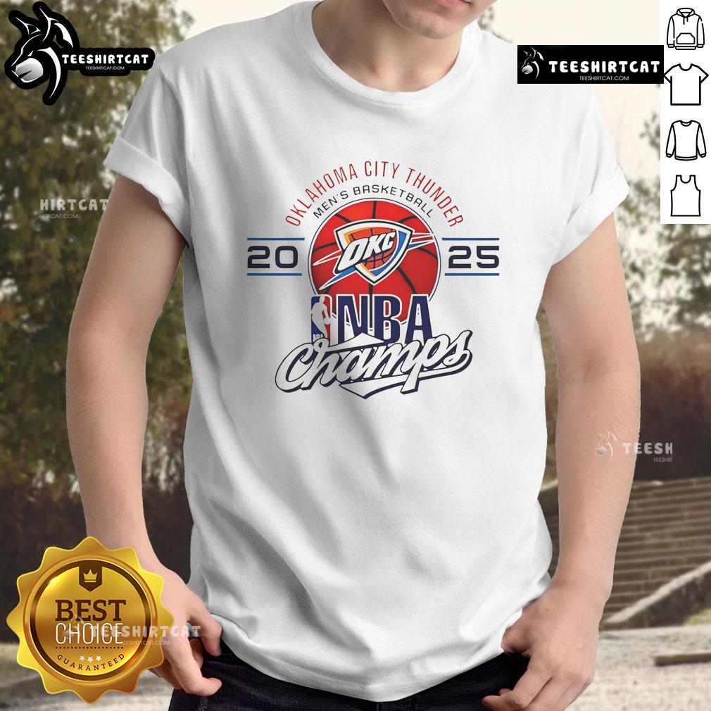 Alt Text: Official Oklahoma City Thunder Men's Basketball 2025 NBA Champs logo t-shirt featuring vibrant team colors and design.