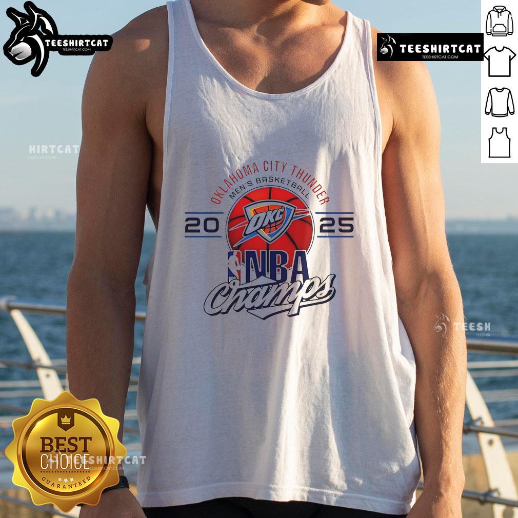 Official Oklahoma City Thunder Men's Basketball 2025 NBA Champs Logo Tank Top featuring vibrant team graphics.