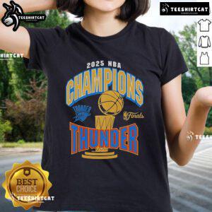 Official Oklahoma City Thunder newborn 2025 NBA Finals Champions ladies tee featuring team colors and logo.
