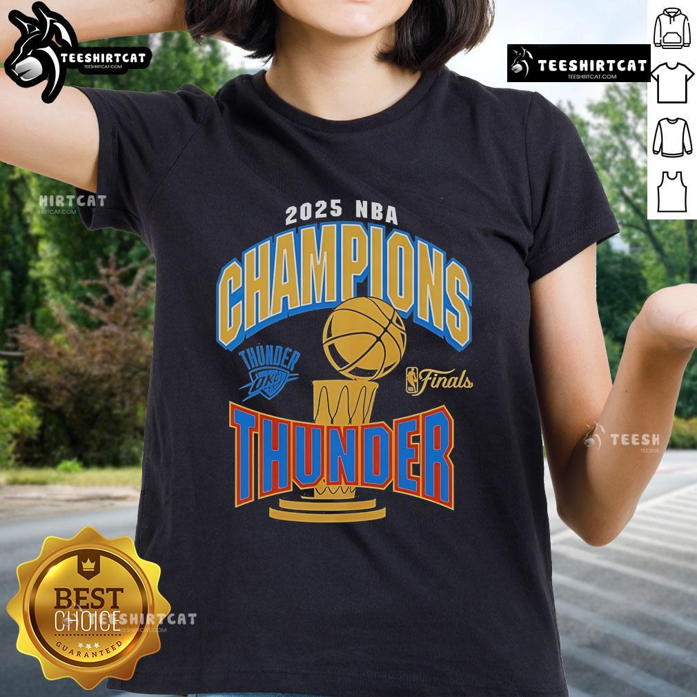 Official Oklahoma City Thunder newborn 2025 NBA Finals Champions ladies tee featuring team colors and logo.