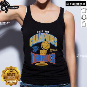Official Oklahoma City Thunder Newborn 2025 NBA Finals Champions Tank Top featuring team colors and logo.