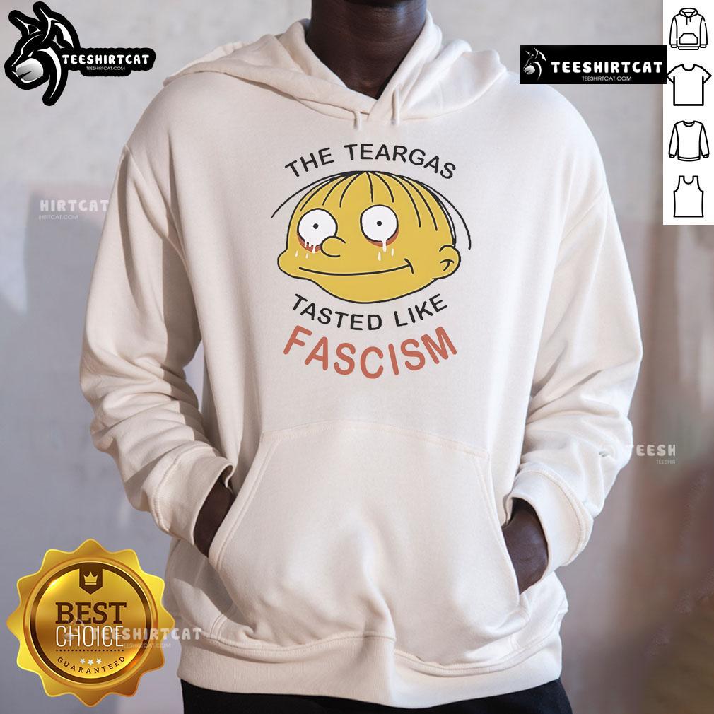 Alt Text: Official Ralph Wiggum teargas tastes like fascism hoodie in vibrant colors, featuring iconic cartoon character design.