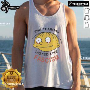 Official Ralph Wiggum tank top featuring 'The Teargas Tastes Like Fascism' design, perfect for fans of The Simpsons.