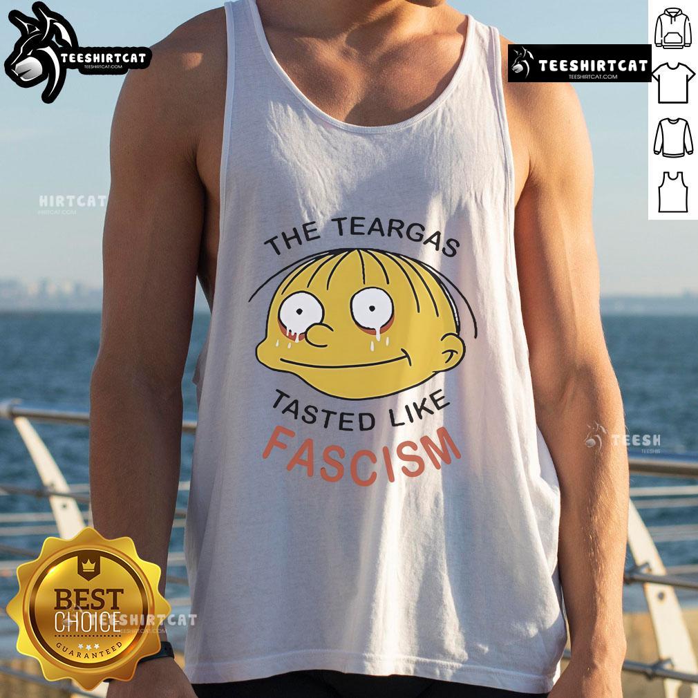 Official Ralph Wiggum tank top featuring 'The Teargas Tastes Like Fascism' design, perfect for fans of The Simpsons.