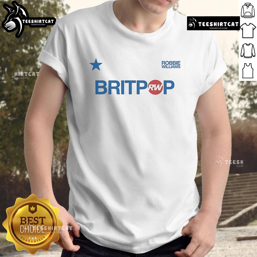 Official Robbie Williams Britpop Football Ringer T-Shirt featuring vibrant graphics and stylish sporty design.