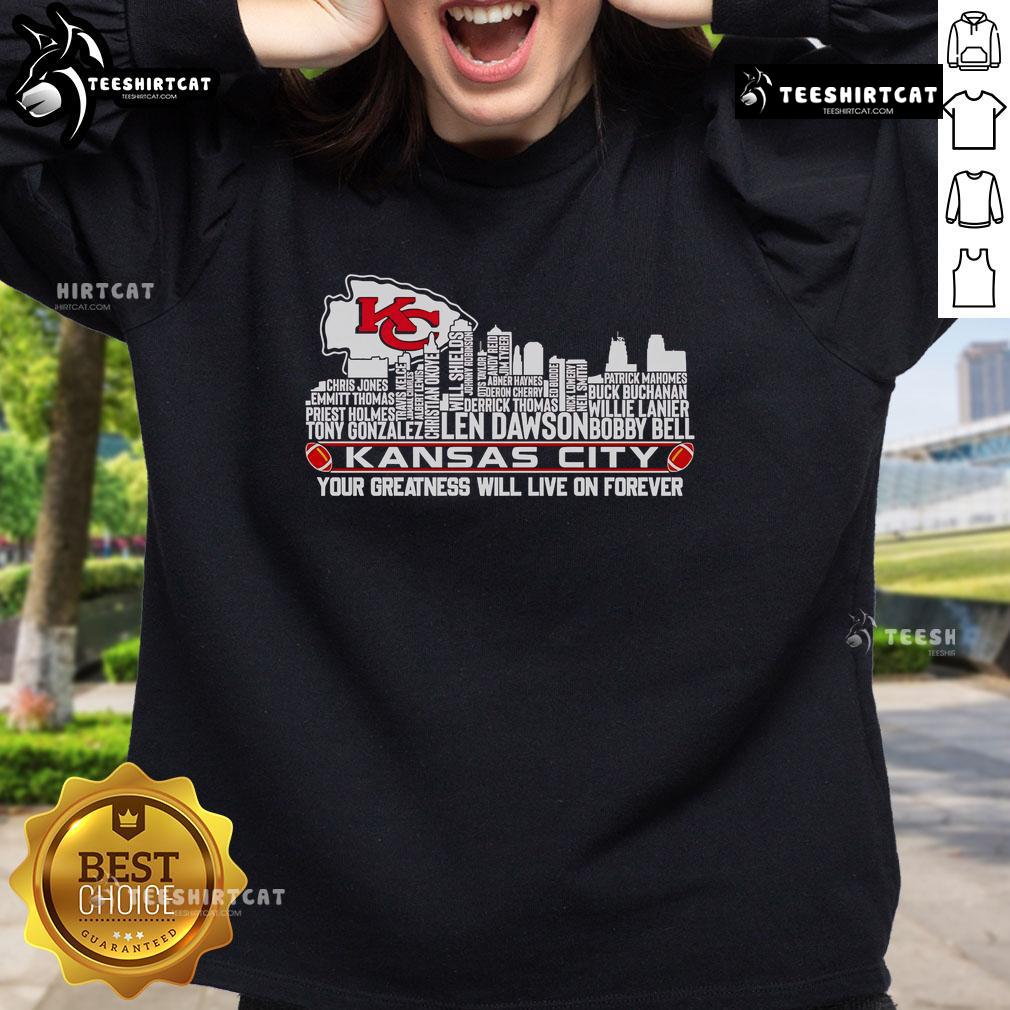 Kansas City skyline sweatshirt featuring 'Your Greatness Will Live On Forever' design, perfect for fans and gifts.