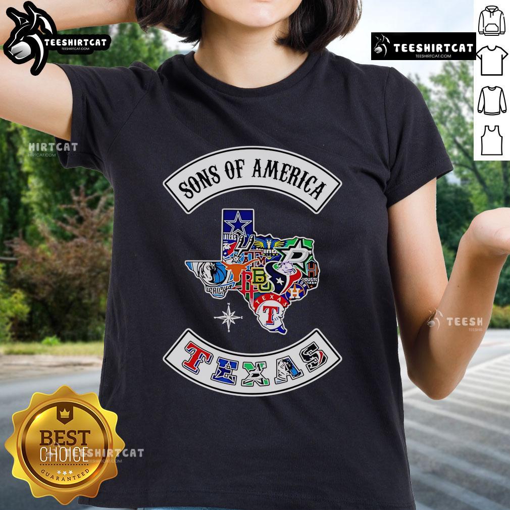 Official Sons of America Texas Sports Ladies Tee showcasing stylish design for Texas sports fans. Perfect for game day!