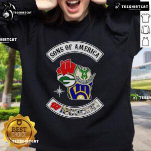Alt Text: Official Sons of America Wisconsin sports sweatshirt featuring a bold logo and comfortable design for fans.