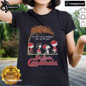 Alt Text: Official St. Louis Cardinals 'It's The Most Wonderful Time Of The Year' Ladies Tee, perfect for festive baseball fans.