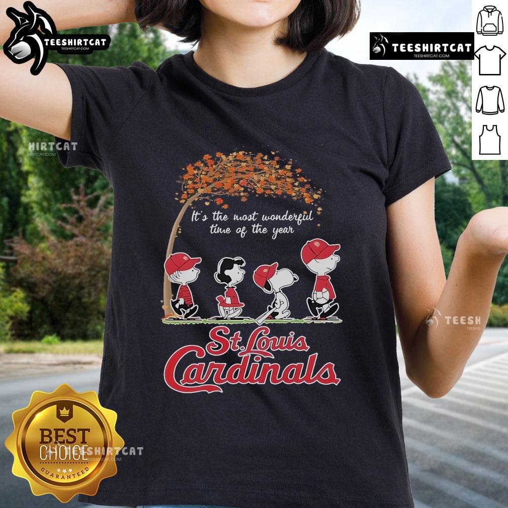 Alt Text: Official St. Louis Cardinals 'It's The Most Wonderful Time Of The Year' Ladies Tee, perfect for festive baseball fans.