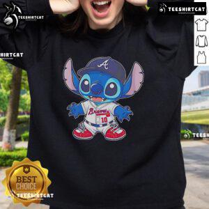 Official Stitch Atlanta Braves baseball sweatshirt in navy blue, featuring team logo and comfortable fit for fans.