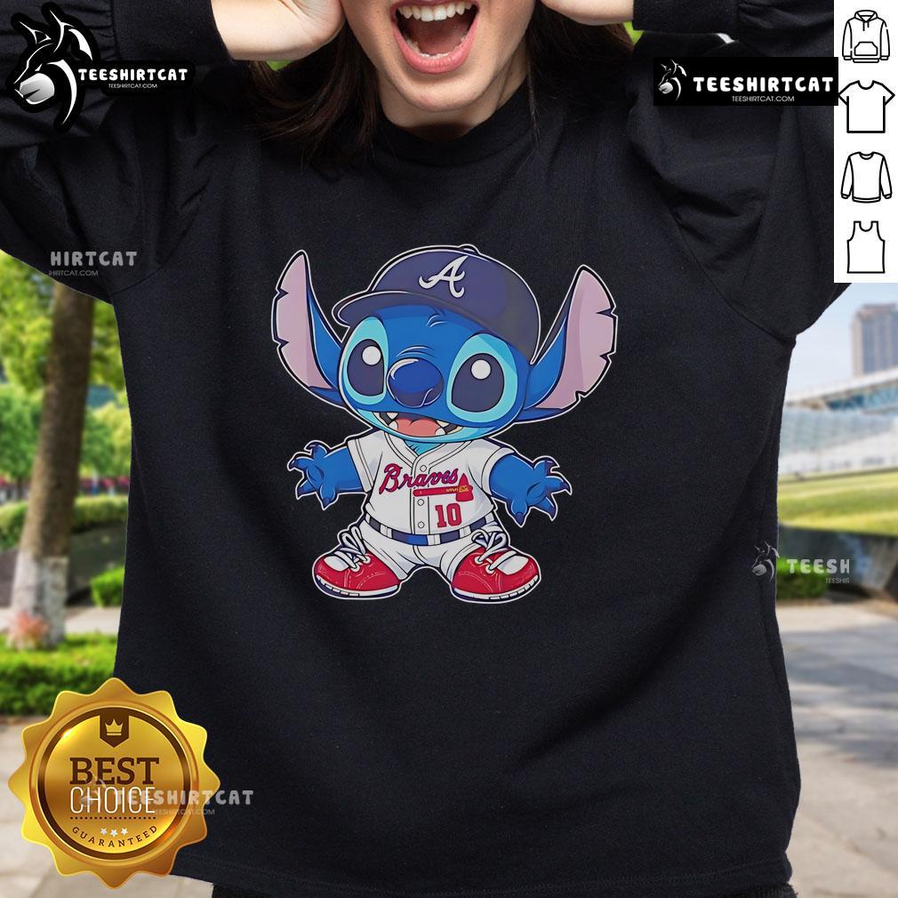 Official Stitch Atlanta Braves baseball sweatshirt in navy blue, featuring team logo and comfortable fit for fans.