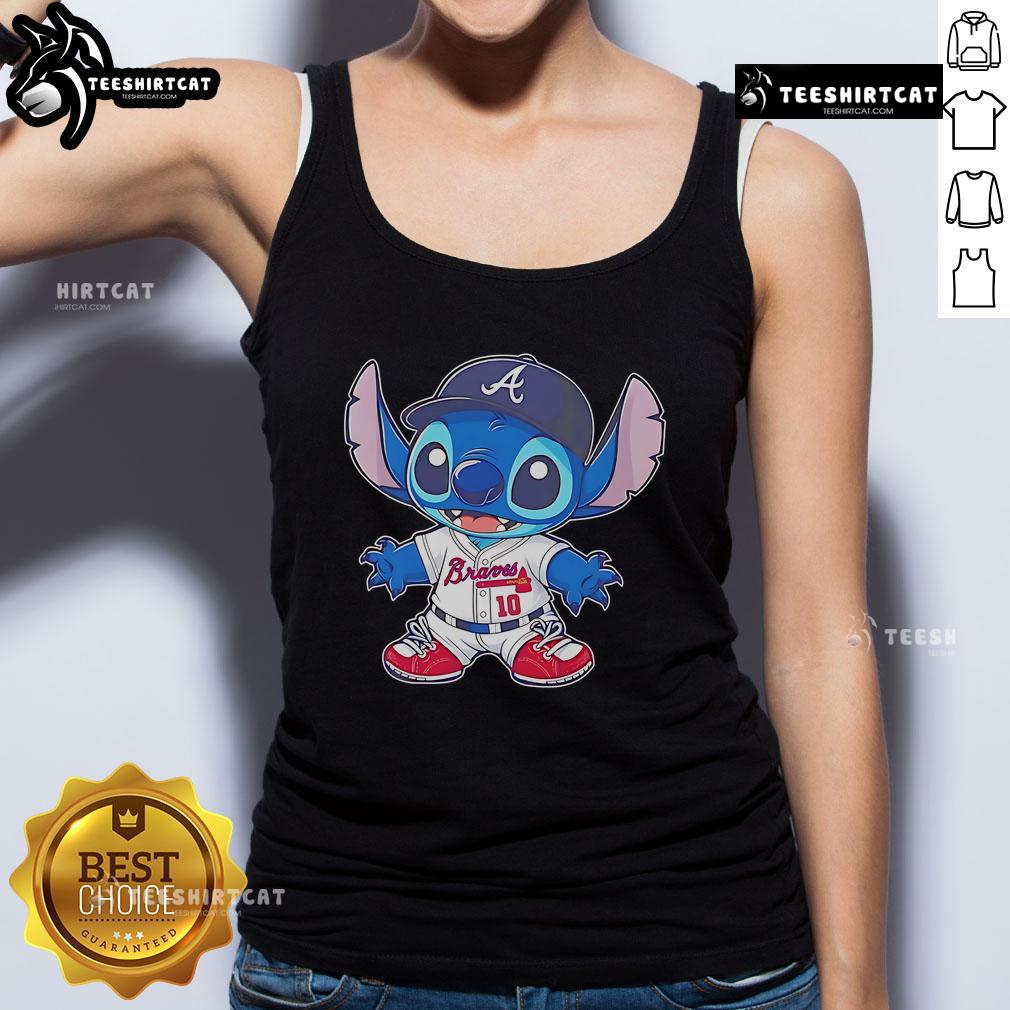 Official Stitch Atlanta Braves baseball tank top in red, showcasing team logo and stylish design for fans.