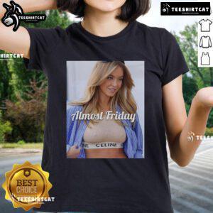 Sydney Sweeney wearing Celine crop top in Almost Friday ladies tee, showcasing trendy fashion style.
