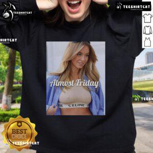 Sydney Sweeney wearing Celine crop top and Almost Friday sweatshirt, showcasing trendy street style fashion.