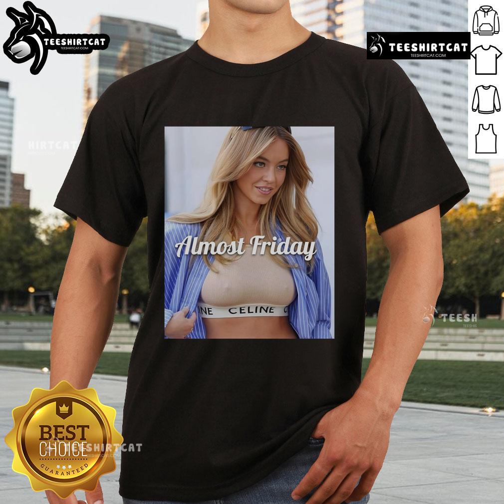 Alt Text: Sydney Sweeney Celine Crop Top Almost Friday T-Shirt featuring stylish design and trendy fit, perfect for casual wear.