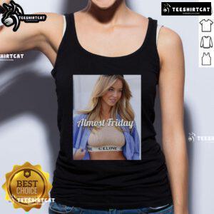Official Sydney Sweeney Celine crop top featuring 'Almost Friday' design, perfect for casual stylish outfits.
