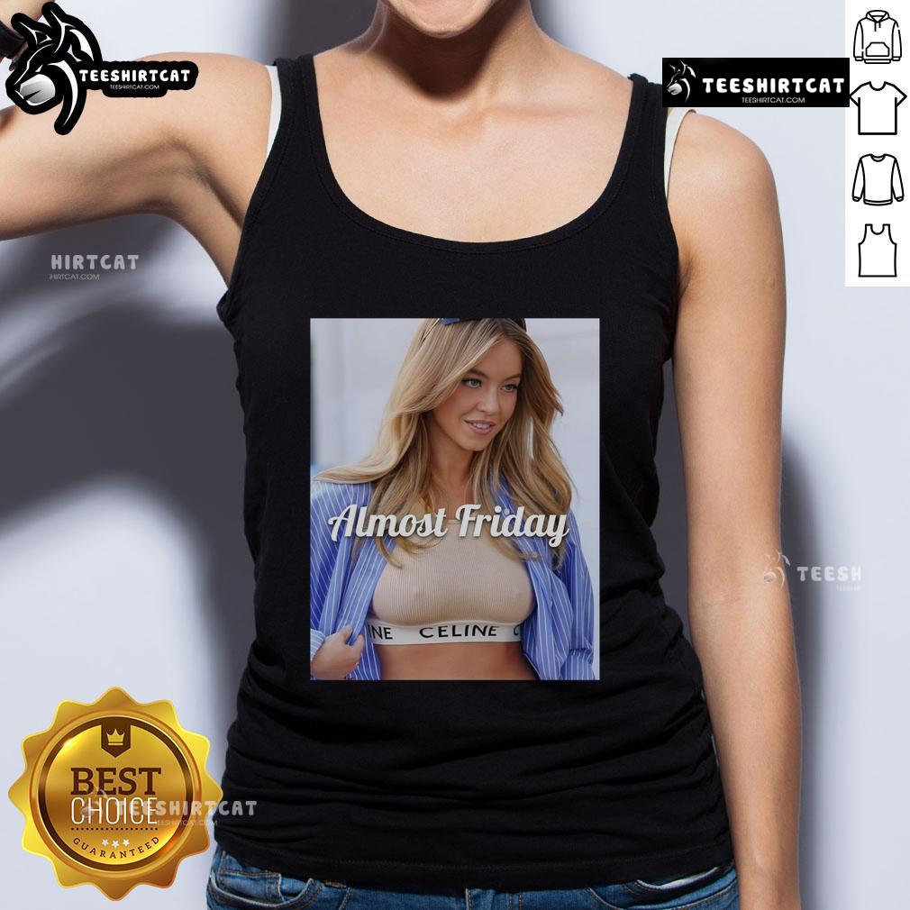 Official Sydney Sweeney Celine crop top featuring 'Almost Friday' design, perfect for casual stylish outfits.