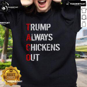 Official Taco Trump Always Chickens Out Sweatshirt featuring a humorous graphic design and vibrant colors.