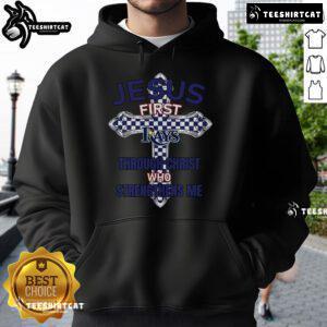 Official Tampa Bay Rays hoodie featuring 'Jesus First, Through Christ Who Strengthens Me' design for fans and believers.