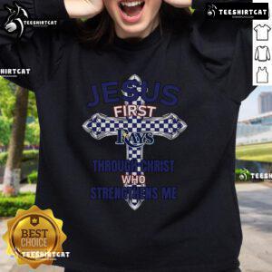Official Tampa Bay Rays Jesus sweatshirt featuring 'Through Christ Who Strengthens Me' design for fans and believers.