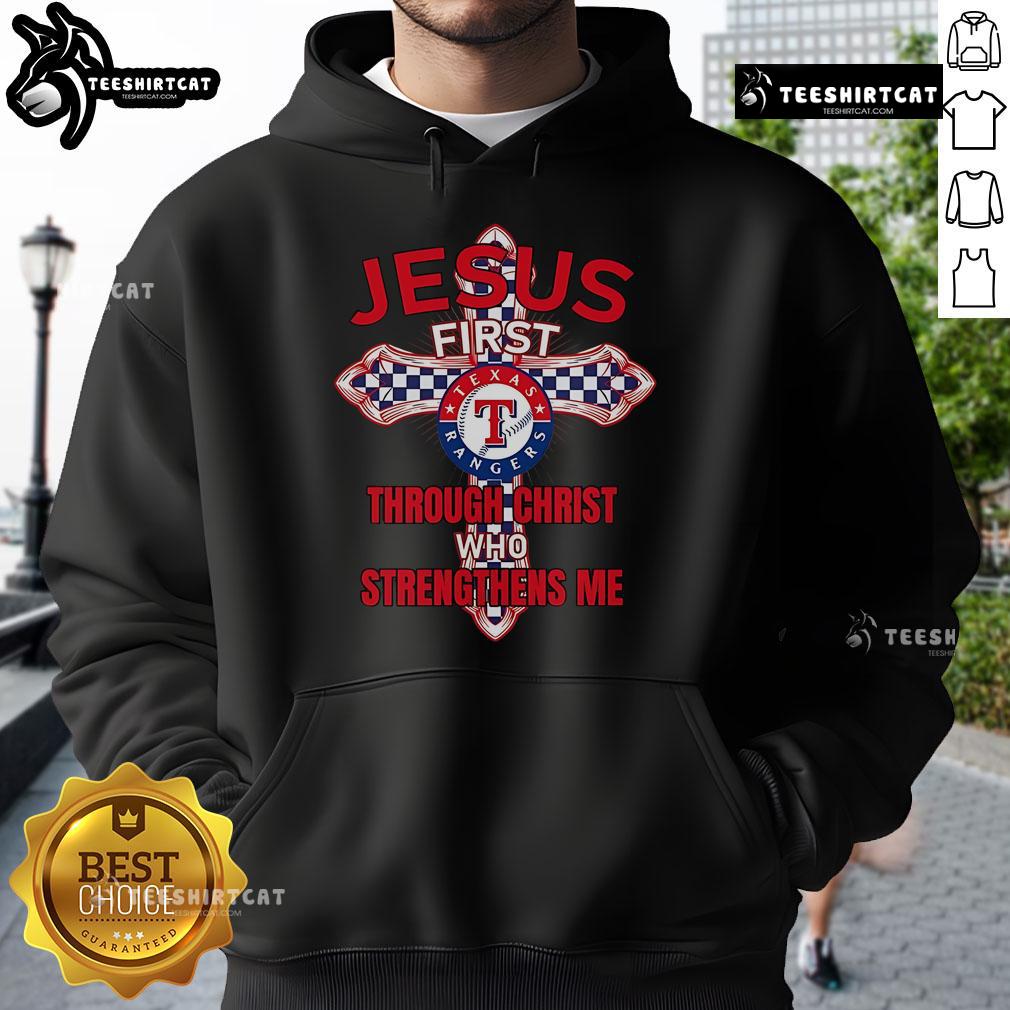 Alt Text: Official Texas Rangers Jesus First Through Christ Who Strengthens Me Hoodie in navy blue with bold graphics.