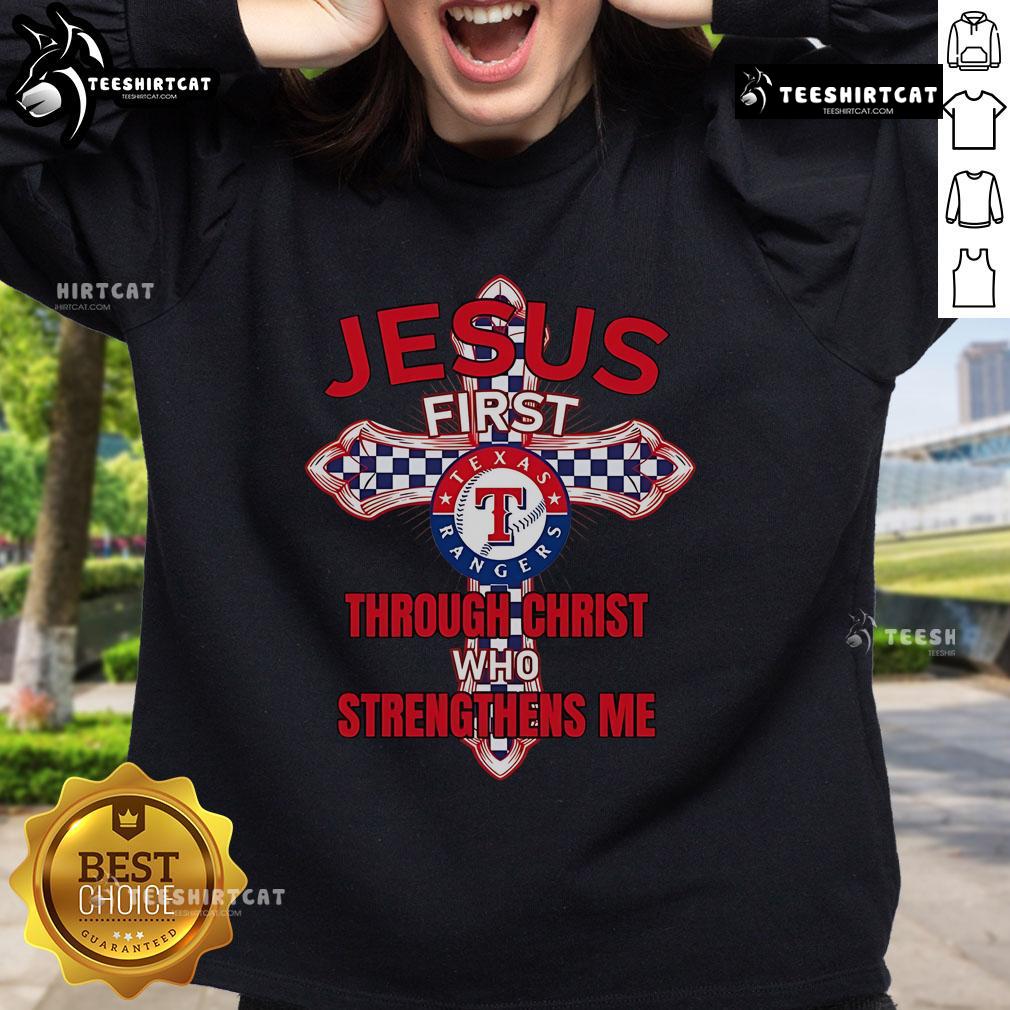 Official Texas Rangers Jesus Sweatshirt featuring 'Through Christ Who Strengthens Me' design for fans and believers.