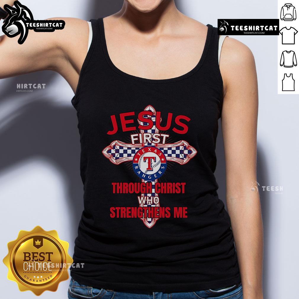 Official Texas Rangers Jesus Tank Top featuring 'Through Christ Who Strengthens Me' design for fans and athletes.