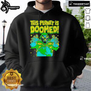 Official Doctor Doom hoodie featuring 'This Planet Is Doomed' graphic, perfect for Marvel fans and stylish comic apparel.