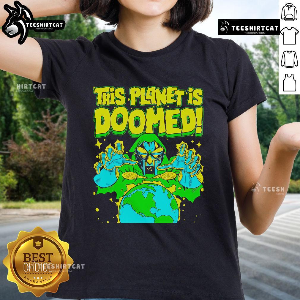 Alt Text: Official Doctor Doom Ladies Tee featuring 'This Planet Is Doomed' graphic, perfect for Marvel fans and stylish wear.