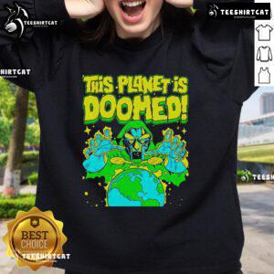 Official Doctor Doom sweatshirt featuring 'This Planet Is Doomed' design, perfect for Marvel fans and stylish comfort.