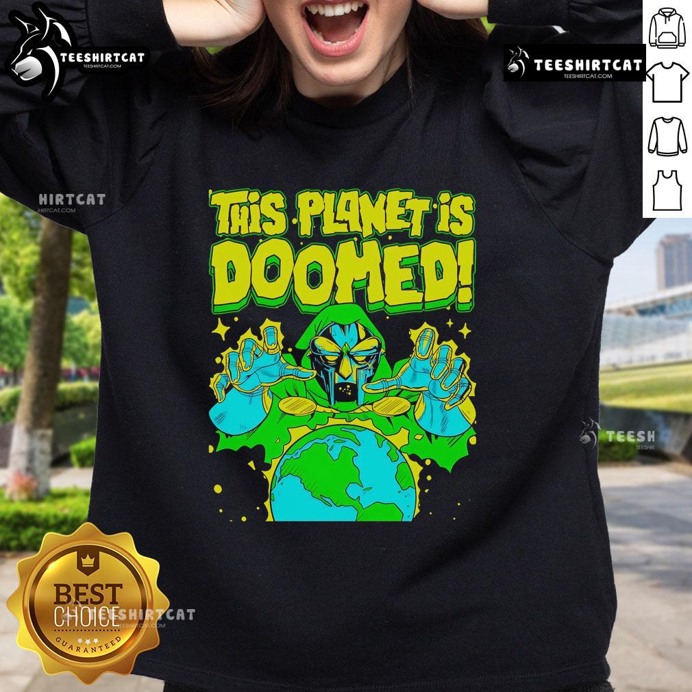 Official Doctor Doom sweatshirt featuring 'This Planet Is Doomed' design, perfect for Marvel fans and stylish comfort.