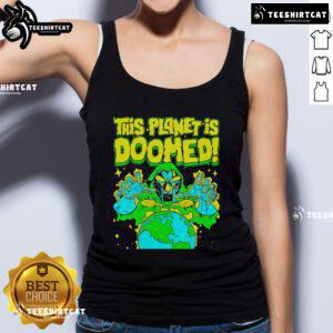 Official Doctor Doom tank top featuring 'This Planet Is Doomed' graphic, perfect for Marvel fans and comic enthusiasts.