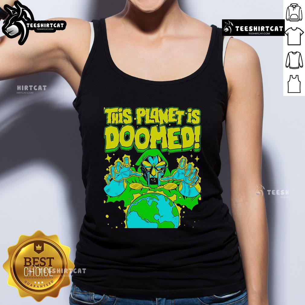 Official Doctor Doom tank top featuring 'This Planet Is Doomed' graphic, perfect for Marvel fans and comic enthusiasts.