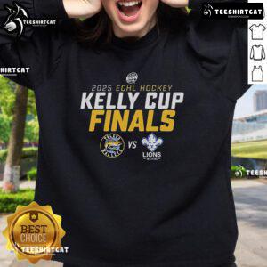 Alt Text: Official Toledo Walleye vs Trois Rivieres Lions 2025 Kelly Cup Finals sweatshirt featuring team logos and championship graphics.