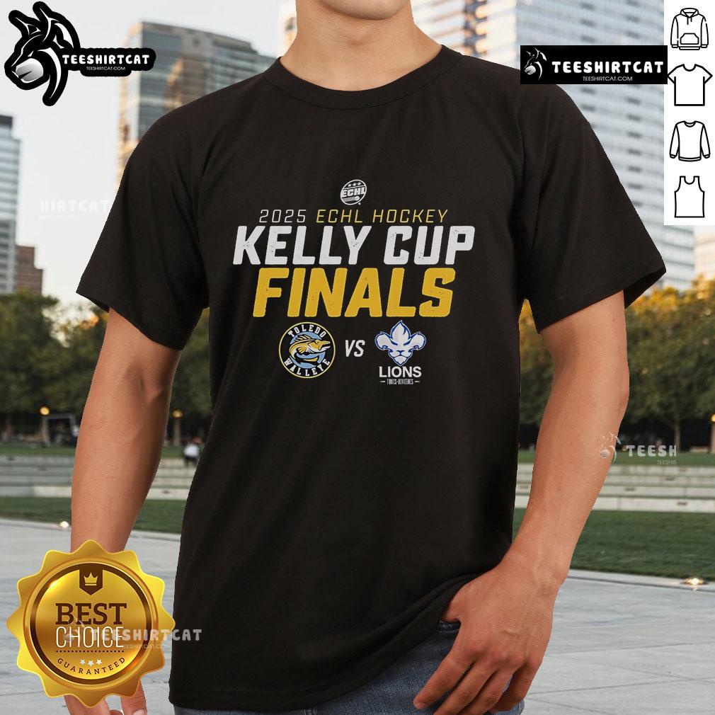 Official Toledo Walleye vs Trois-Rivieres Lions 2025 Kelly Cup Finals matchup T-shirt showcasing team logos and vibrant design.