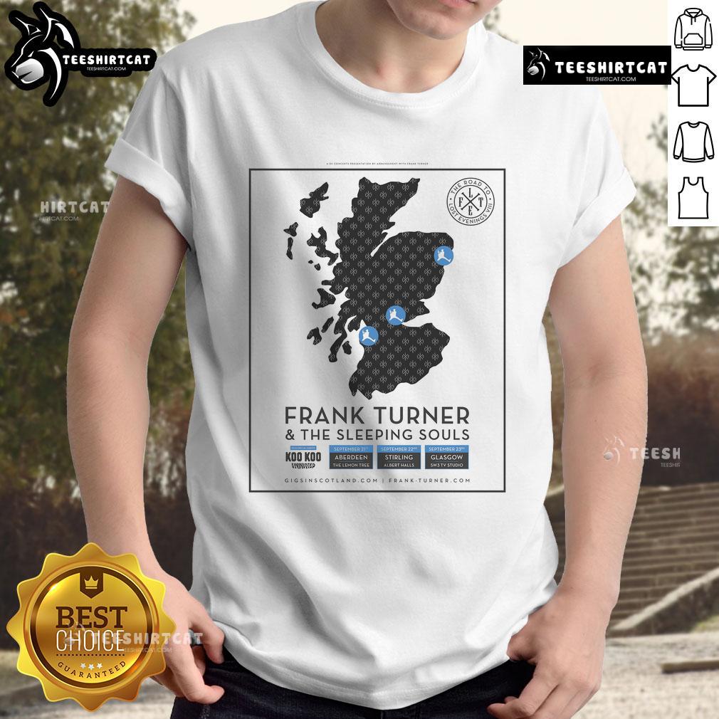 Alt Text: Official Tour 2025 Frank Turner & The Sleeping Souls T-Shirt featuring bold graphics and tour dates on a black background.
